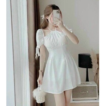 Đầm cổ yếm có mút (cột nơ sau cổ), nhiều màu, xanh ngọc, xanh mint
