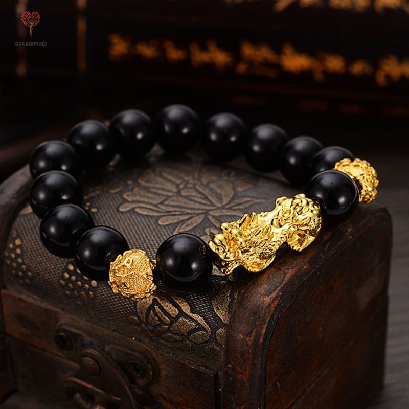 CHARMS Vòng Tay Chuỗi Hạt Đá Obsidian Màu Vàng Đồng Cho Nam