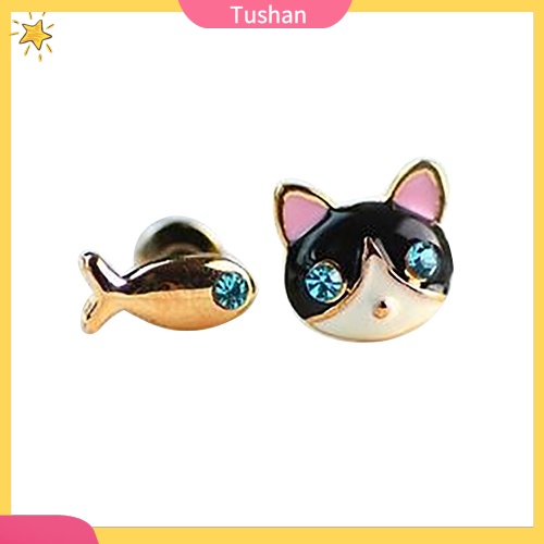 1 Đôi Bông Tai Hình Mèo Và Cá Đính Đá Đáng Yêu Cho Nữ