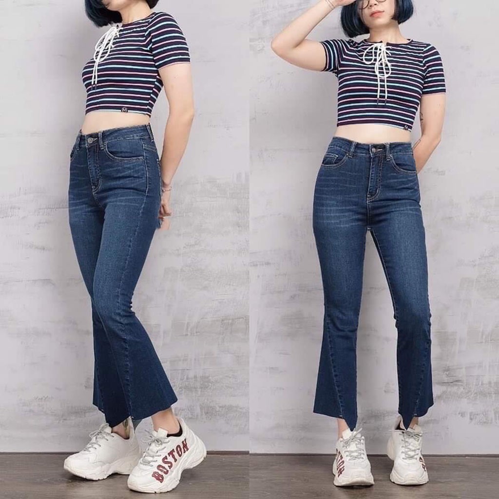 Quần Jean Ống Loe Lưng Cao Siêu Hot Vạt Xéo
