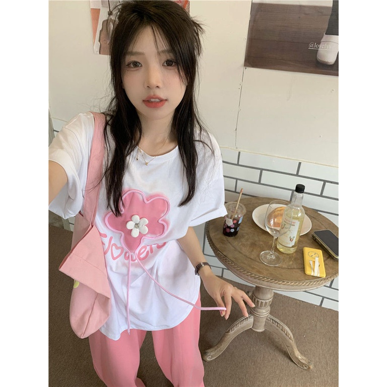 Áo Thun Ngắn Tay In Họa Tiết Hoa Ba Chiều Phong Cách Hàn Quốc Mới Cho Nữ