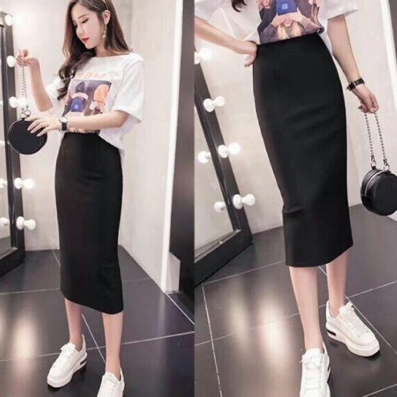 CHÂN VÁY BÚT CHÌ có khóa séc kéo sẻ sau dáng dài 70cm