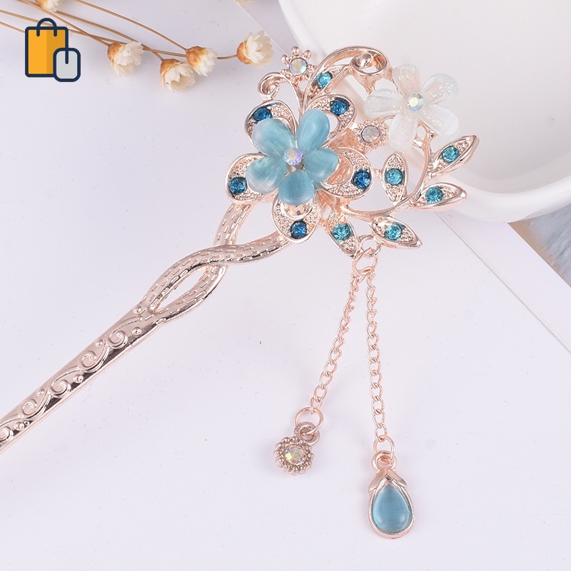 Trâm Cài Tóc Đôi Đính Đá Opal Phong Cách Dân Tộc Cổ Điển