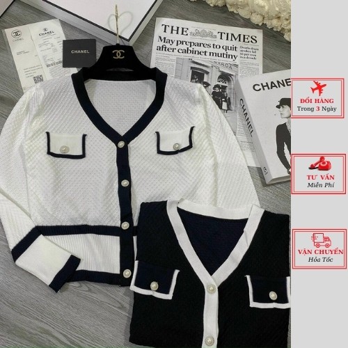 Áo Cardigan Dệt Kim Tay Dài Cổ Chữ V Cúc Ngọc Màu Đen Trắng Phong Cách Hàn Quốc thời trang nữ yolo fashion
