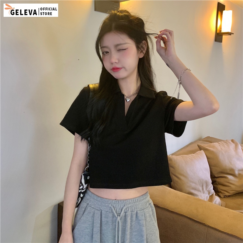 Áo croptop nữ tay ngắn có cổ kiểu polo crt sơ mi thun đẹp, Áo phông crop top nữ nhiều màu trắng đen ghi Geleva GE761