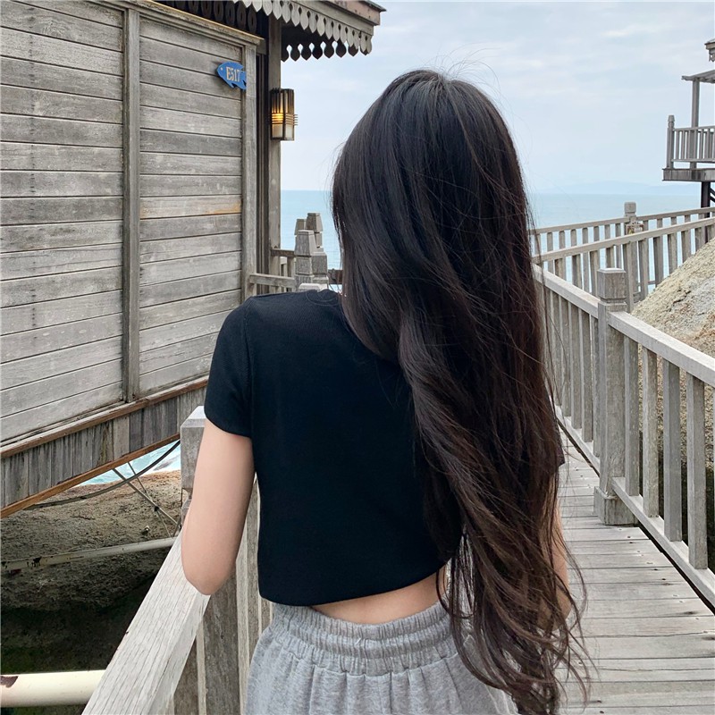 Cocory vn Áo croptop tay ngắn cổ tròn thiết kế độc cá tính cho nữ