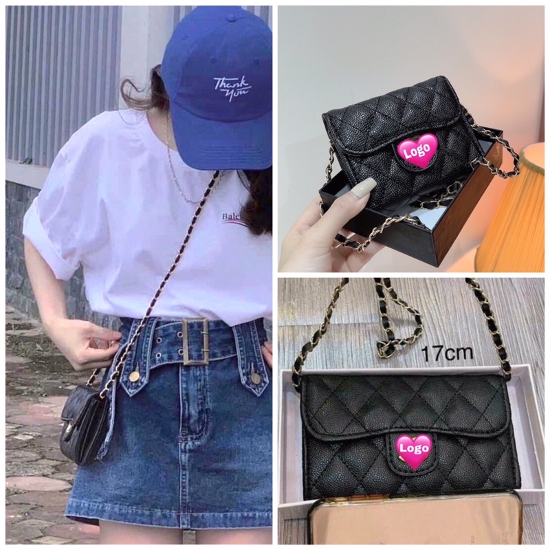 Túi sách mini nhỏ gọn dáng ví cầm tay size 13-17cm kèm dây xích đeo chéo nữ phong cách đi chơi dạo phố