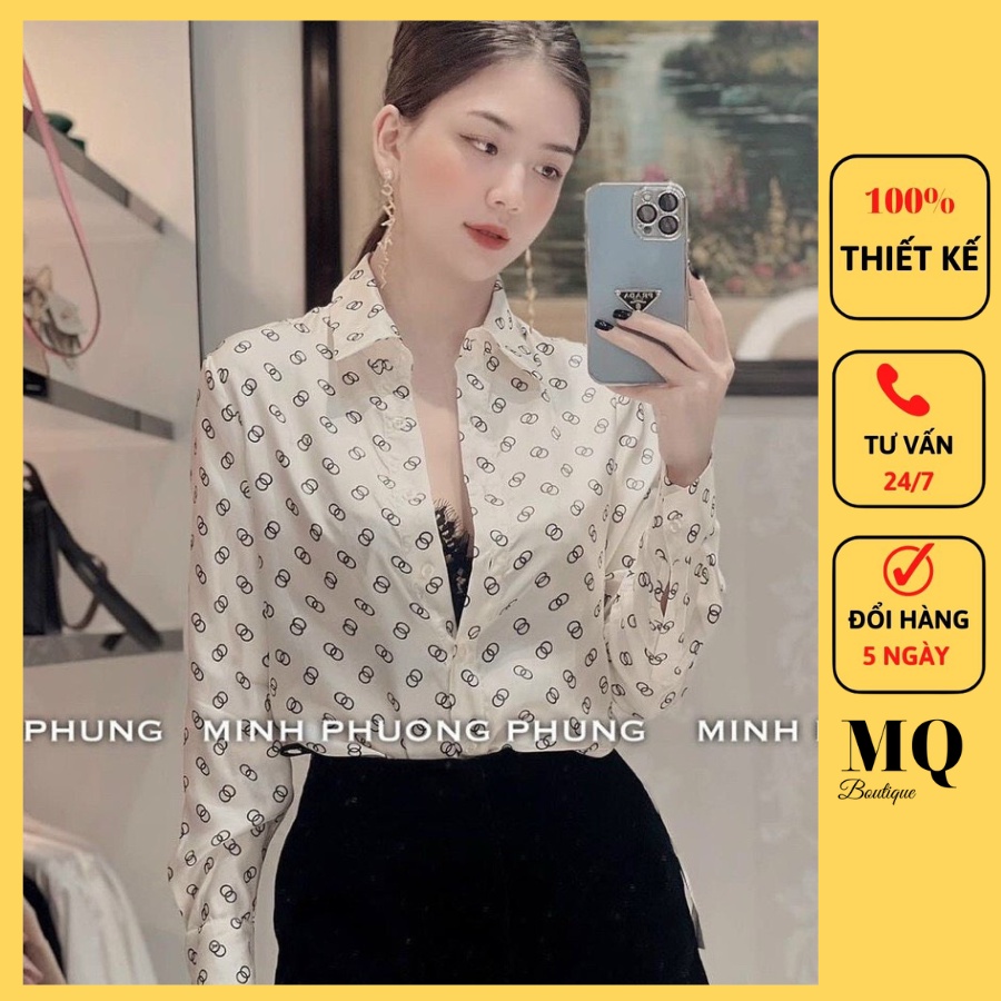Áo sơ mi nữ lụa dài tay cao cấp công sở họa tiết đan hình tròn nền trắng cao cấp, áo sơ mi họa tiết thiết kế MQ Boutique