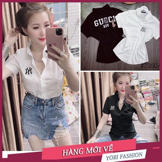 Áo sơ mi nữ cọc tay, áo sơ mi cổ bẻ in logo, áo sơ mi ngắn