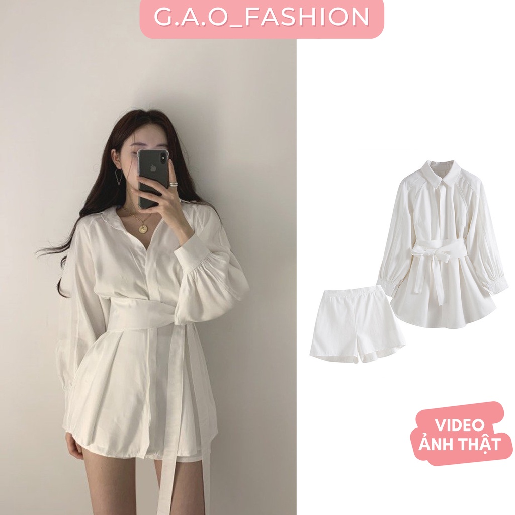 Set áo sơ mi dáng dài đai thắt eo kèm quần, bộ đồ nữ sang chảnh chất vải đũi lụa mềm
