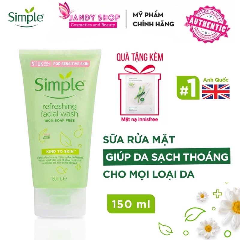 Sữa rửa mặt Simple dạng gel dịu nhẹ giúp da sạch thoáng & không chứa xà phòng 150ml
