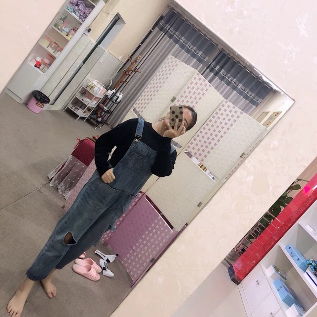 Quần yếm bò jeans ulzzang có size bigsize / quần yếm ống suông rách gối