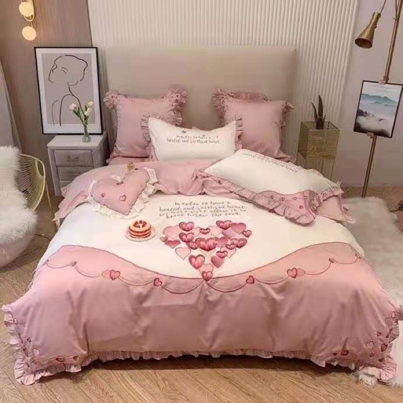 Sét chăn ga 7 món Lụa 100s cao cấp thêu bức thư tình lãng mạn