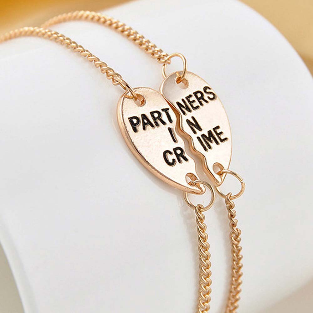 Bộ vòng đeo tay dây xích mặt hình trái tim khắc chữ Partners In Crime cho bạn thân