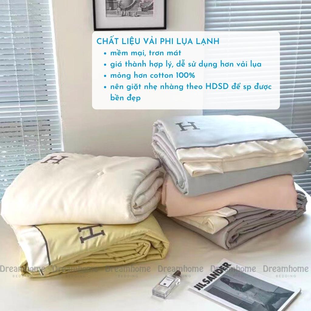 Bộ chăn hè ga gối phi lụa lạnh thêu chữ H Dreamhome
