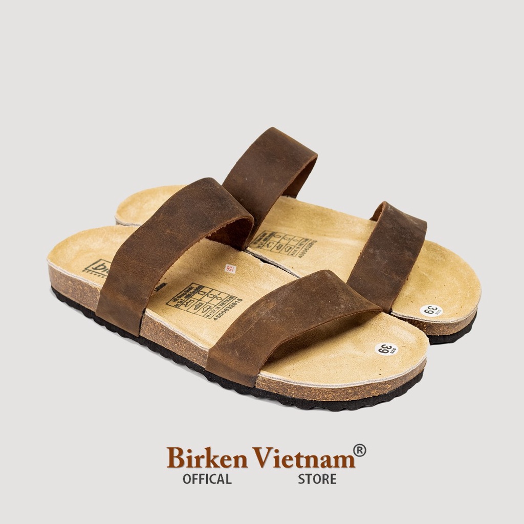Mã D18 DÉP DA BÒ THẬT Đế Trấu Quai Ngang Unisex Birken Vietnam Bioline