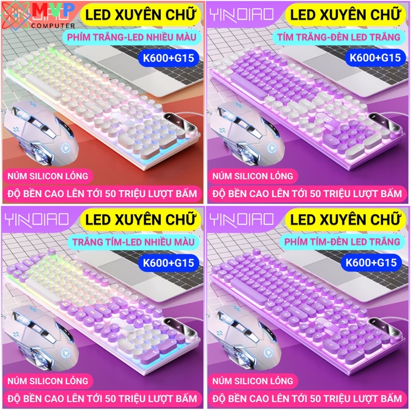 COMBO BÀN PHÍM CHUỘT MÁY TÍNH LAPTOP GAMING YINOIAO K600+G15 CÓ DÂY LED XUYÊN CHỮ NÚT TRÒN NHIỀU MÀU TRẮNG HỒNG XANH TÍM
