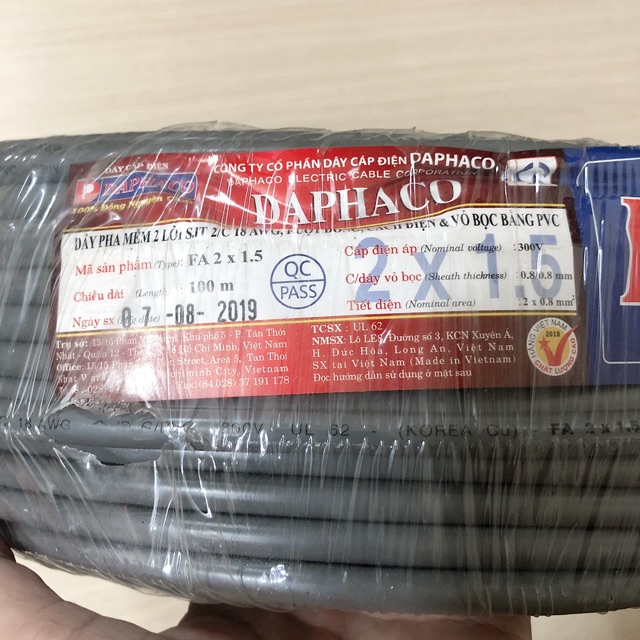 Dây điện đôi 2x1.5 vỏ bọc xám daphaco 10m,20m