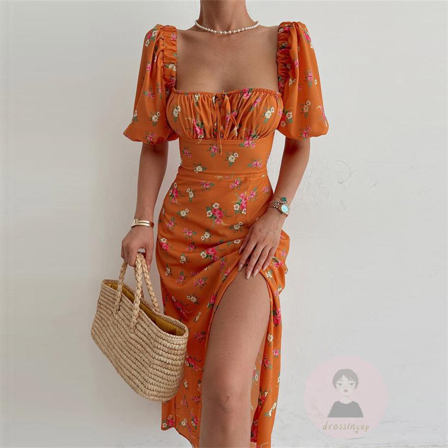 Đầm Tay Ngắn Cổ Vuông Họa Tiết Hoa Thời Trang Mùa Hè Xinh Xắn Cho Nữ