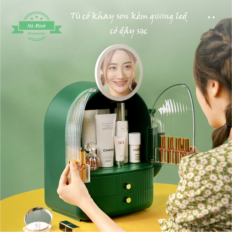 Hộp Đựng Mỹ Phẩm Dung Tích Lớn Để Bàn Có Gương LED Phong Cách Xương Rồng Sang Trọng