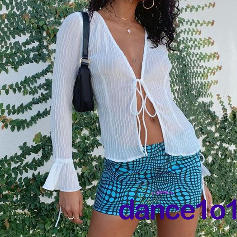 ♥DJ❥Women Long Sleeve Deep V Neck Solid Color Tops