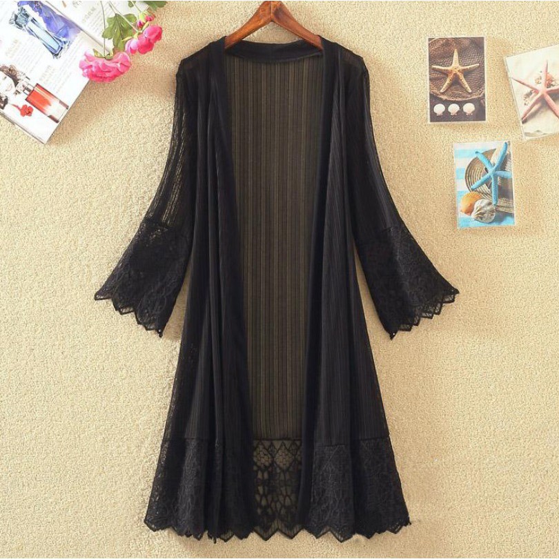 [TRỢ PHÍ SHIP ĐƠN 50K] Áo khoác kimono voan 04 C170 phối ren mềm mại, tà dài, tay lửng, choàng ngoài, thoáng mát