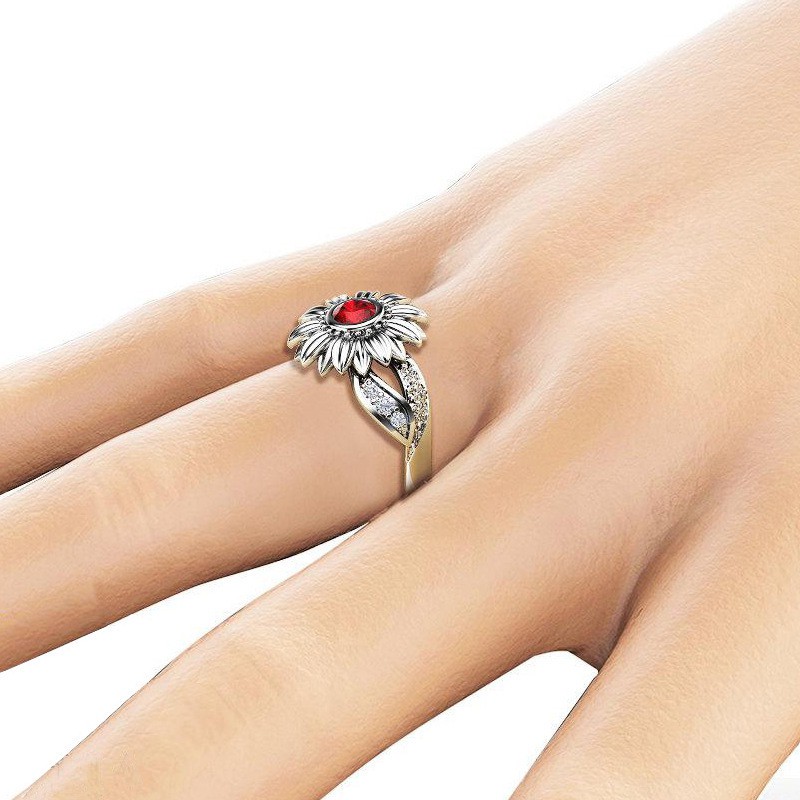 Aifei Jewellery Women Ring Sunflower Mosaic Red Diamond 925 Sterling Silver R190