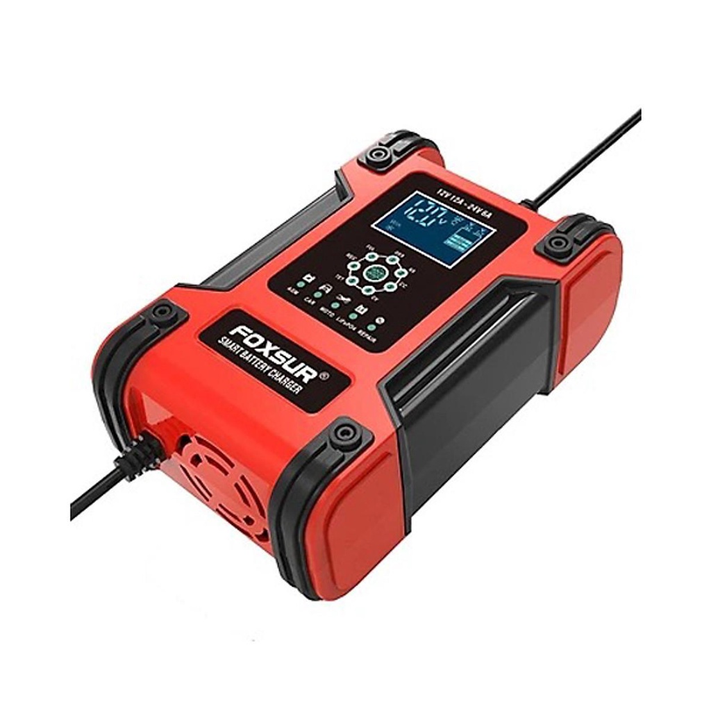 FOXSUR Sạc bình ắc quy 12V 24V 6Ah - 200Ah sạc pin sắt LiFePO4 tự ngắt khi đầy, khử sunfat khôi phục ắc quy