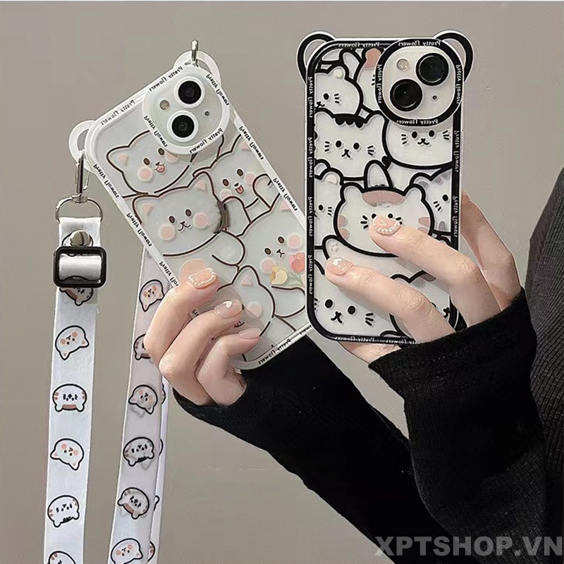 Ốp Điện Thoại Silicon Mềm Chống Sốc In Hình Gấu Hoạt Hình Có Dây Đeo Cho iPhone 14 Pro Max 13 Pro Max 12 Pro Max 11 Pro Max