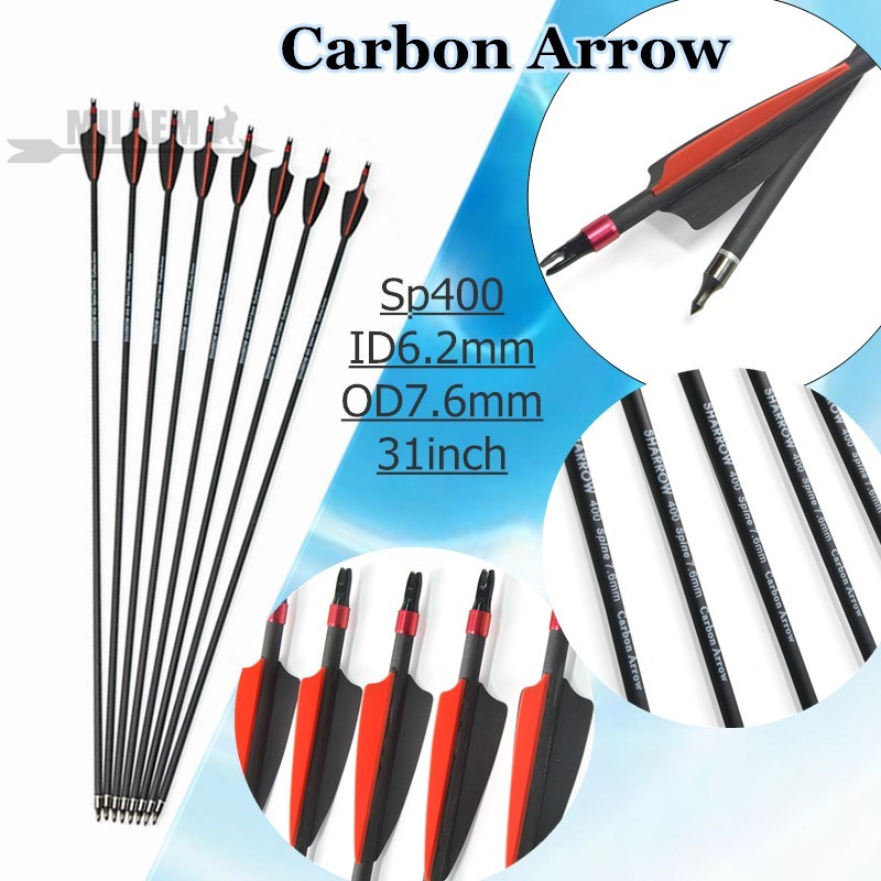 Set 6/12 Mũi Tên Spine 400 31 Inch Bằng Carbon Độ Chính Xác Cao