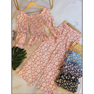 [Sẵn] Set bộ hoa Cúc hoạ mi áo nhún tay dài quần suông hình thật trải sàn