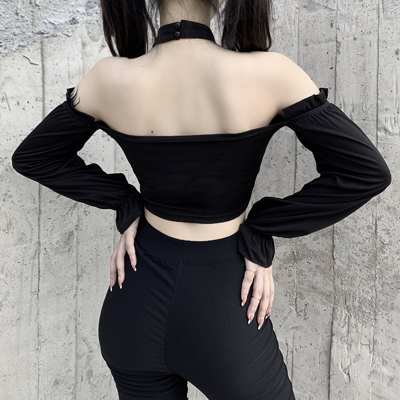 Áo Croptop Tay Dài Trễ Vai Phối Choker Thiết Kế Hợp Thời Trang