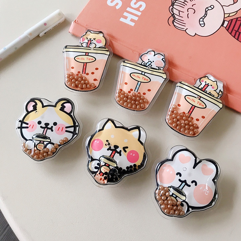 Giá Đỡ Nhẫn Điện Thoại 3D Trà Sữa Túi Dầu Có Hạt Chuyển Động