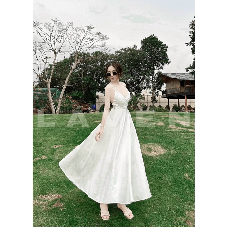 ĐẦM MAXI LỤA 2 DÂY CÓ MÚT NGỰC TRẮNG TINH KHÔI QUYẾN RŨ TT