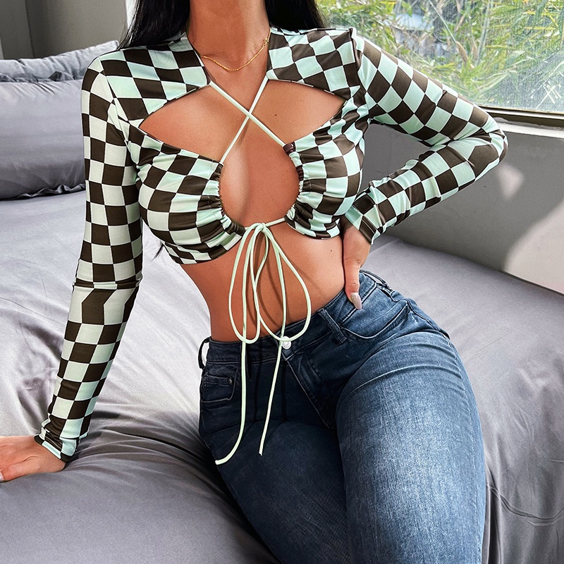 Áo Croptop Cột Dây Họa Tiết Kẻ Sọc Caro Gợi Cảm Cho Nữ D0318