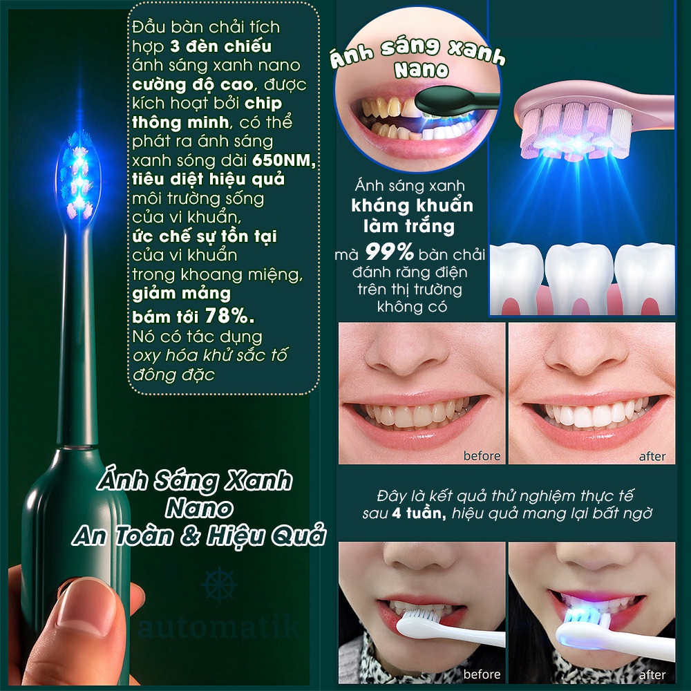 [Ánh Sáng Xanh] Bàn Chải Điện Đánh Răng Tự Động Công Nghệ Sóng Âm, Lông Mềm Mại, Chải Sạch Sâu 4 Chế Độ  - Automatik
