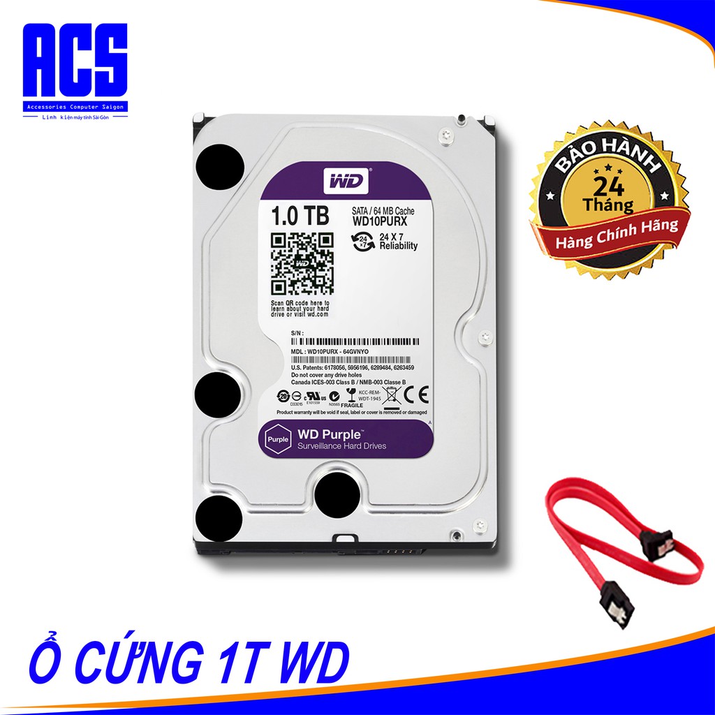 [ TẶNG DAY SATA] Ổ Cứng Western Digital WD Purple Tím WD10PURX 1TB- Bảo Hành 24 Tháng