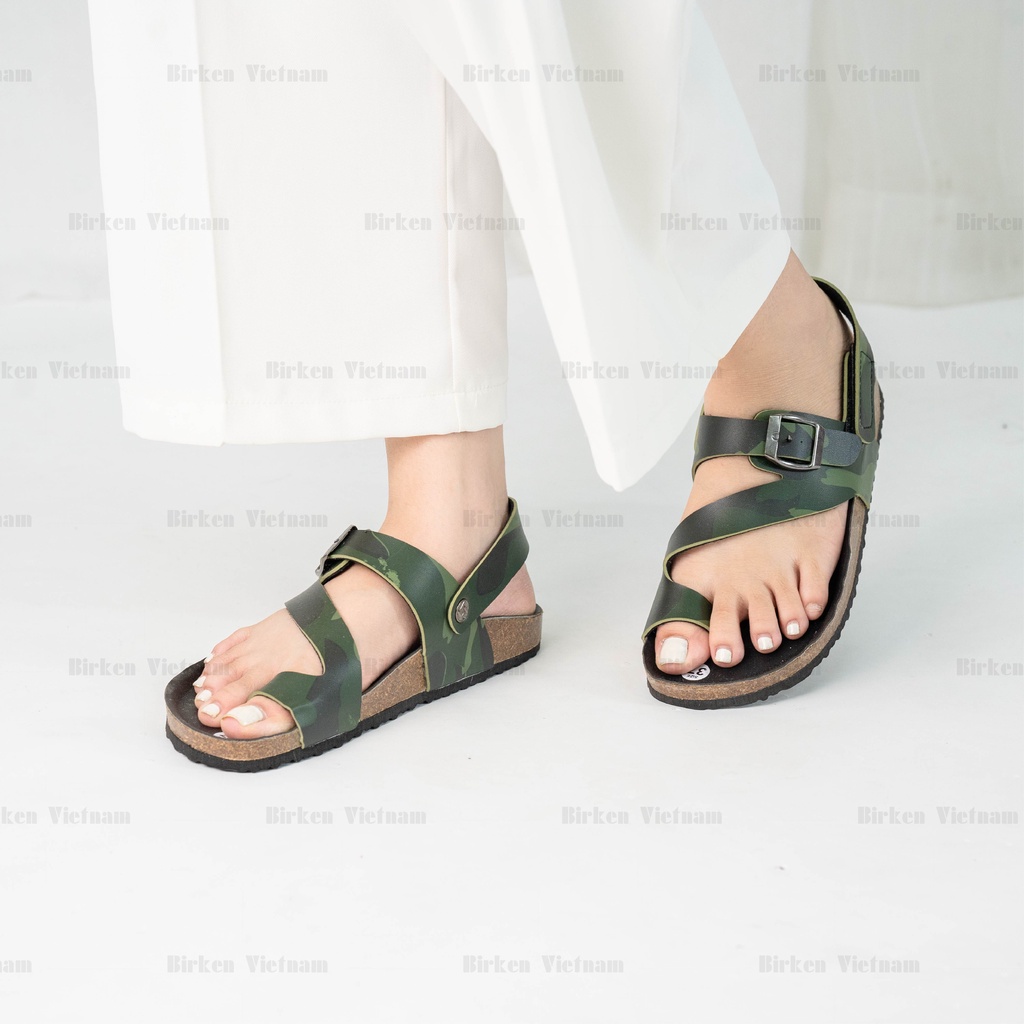 Mã R20 Sandal ĐẾ TRẤU Da PU Camo Rằn Ri Quai Xỏ Ngón Khóa Dán Unisex Birken Vietnam Bioline