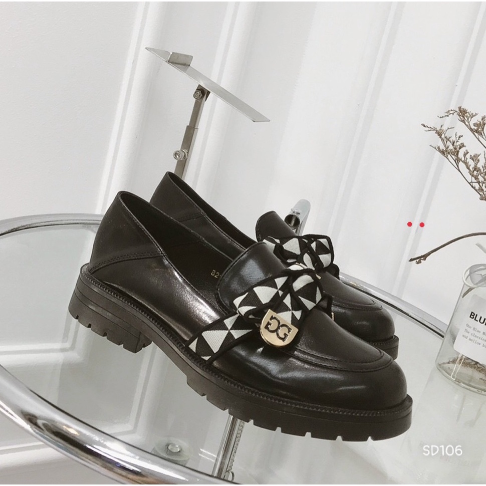 Giày đốc cổ thấp màu đen SUDI SHOES-SD016 phối nơ caro trắng đen khuy G..G sang chảnh không thể thiếu trong mùa đông