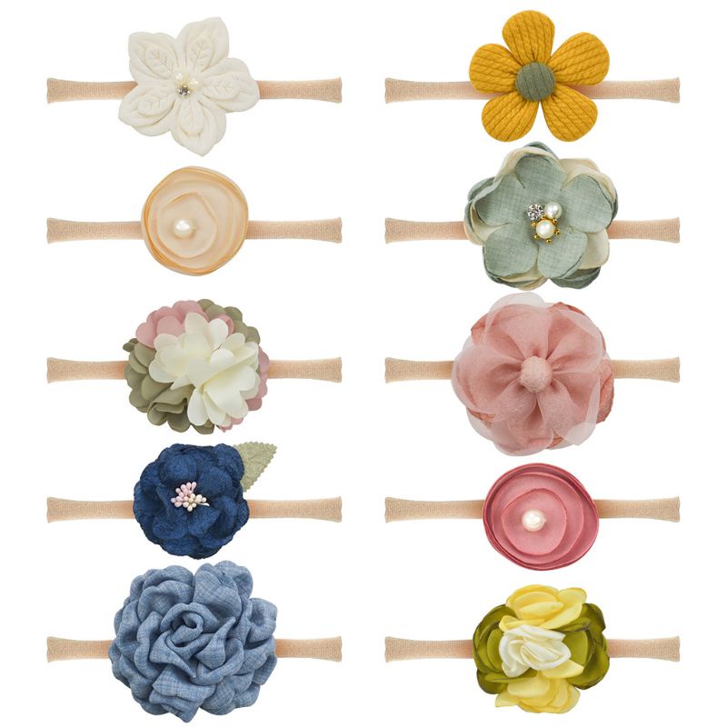 Set 10 Băng Đô Hoa Bằng Nylon Co Giãn Dành Cho Bé Gái Sơ Sinh Chụp Ảnh