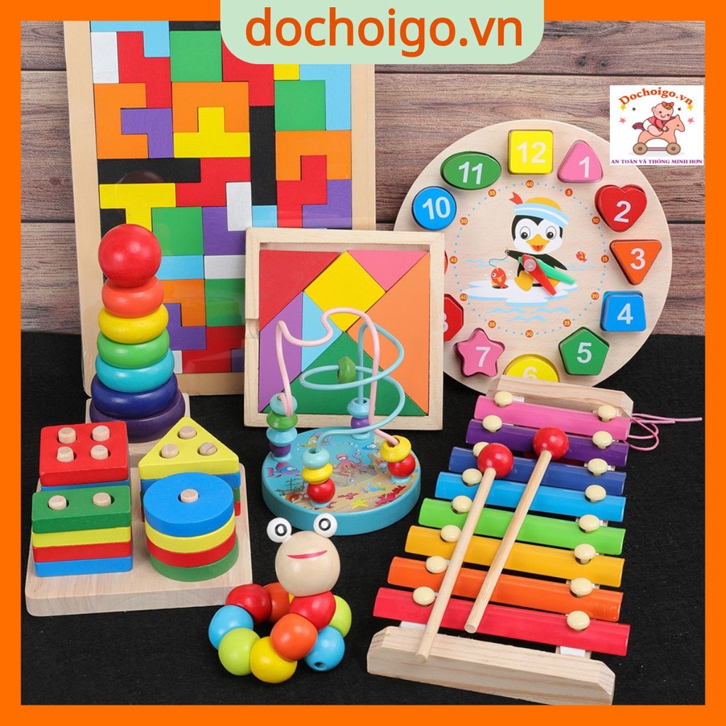 Đồ chơi gỗ cho bé combo 8 món đồ chơi thông minh phát triển trí tuệ cho trẻ 2 3 4 5 tuổi, giáo cụ montessori dochoigo.vn