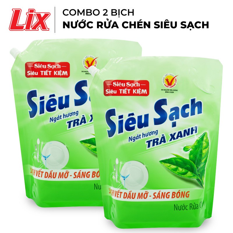 Nước rửa chén LIX 3.5KG siêu sạch hương trà xanh loại túi N8101 làm sạch vết bẩn dầu mỡ không hại da tay