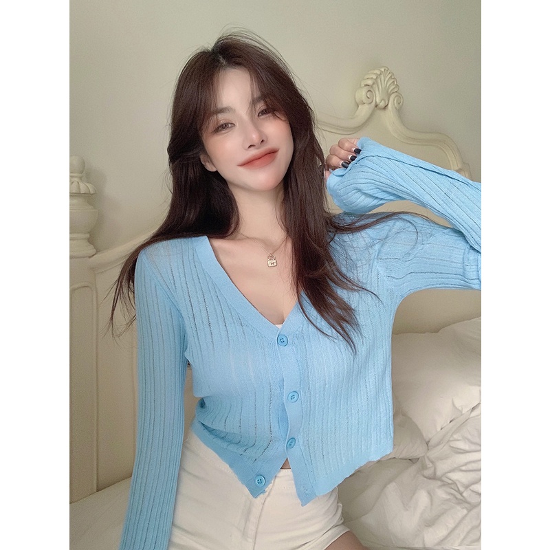 Áo khoác cardigan ZHELIHANGFEI dệt kim mỏng tay dài cổ chữ V dáng rộng thời trang mùa hè dành cho nữ