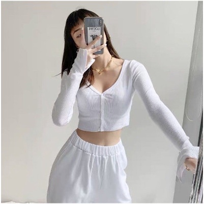 [MÃ TH6739 GIẢM 20% TỐI ĐA 30K ĐƠN TỐI THIỂU 500K] áo croptop trắng tay dài màu trắng có cúc