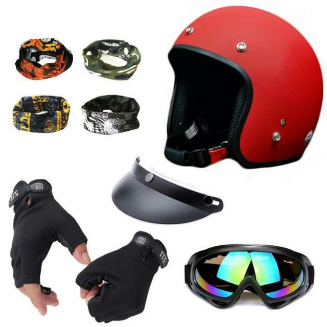 Combo 5 Món Đồ Phượt Siêu Ưu Đãi - Mũ Bảo Hiểm 3/4 Kèm Găng Tay, Kính UV, Khăn - Mũ Nhựa ABS Độ Bền Cao BH 6 Tháng