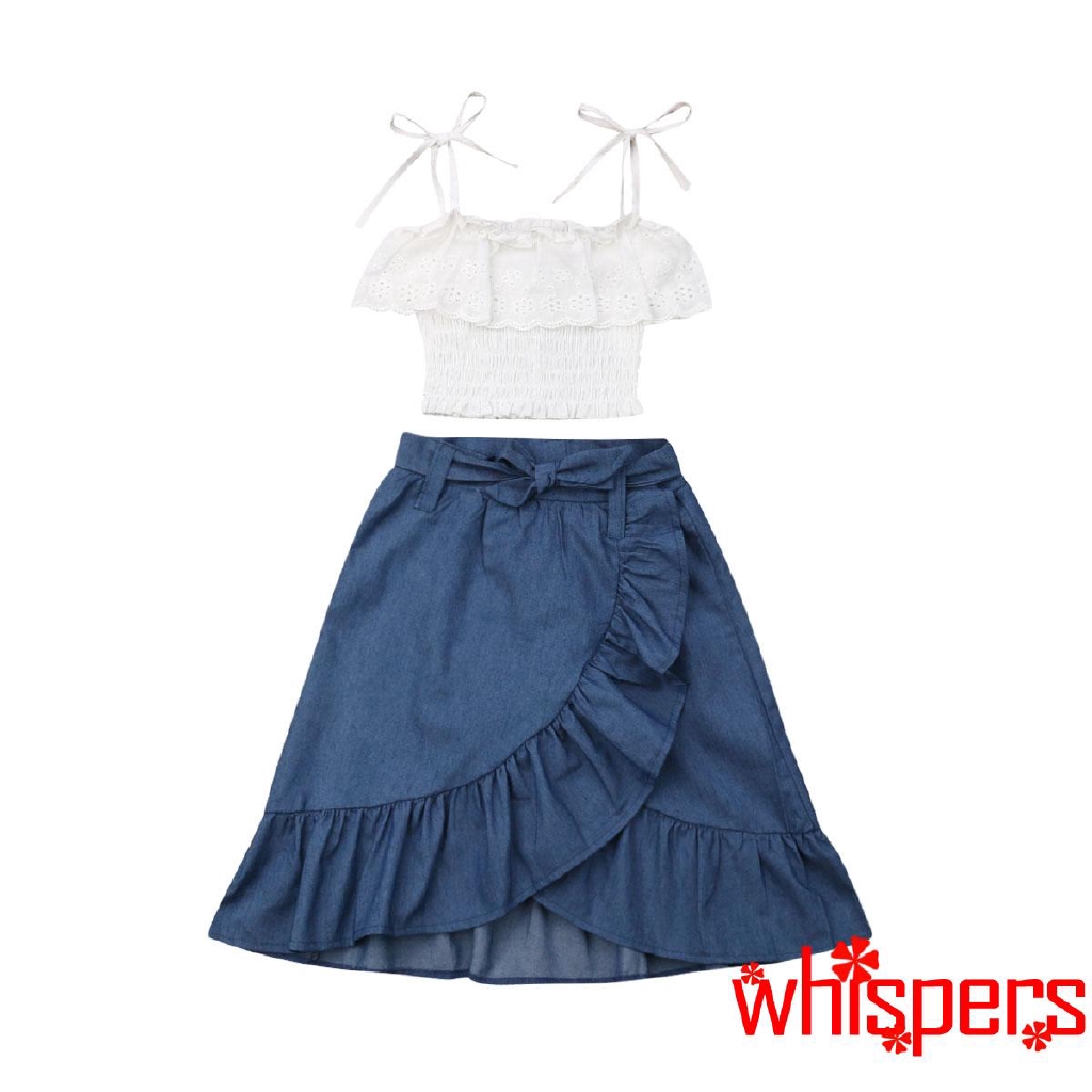 Set áo xòe hai dây + chân váy jeans xinh xắn dành cho bé gái
