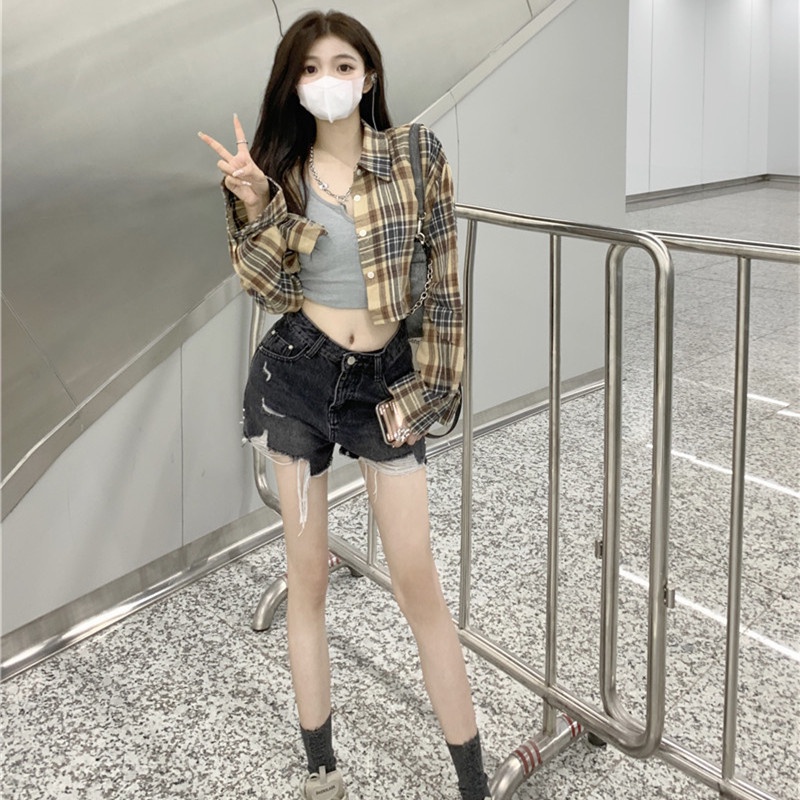 Áo Sơ Mi Nữ Ca Rô Dài Tay Cổ Bẻ Thời Trang Hàn