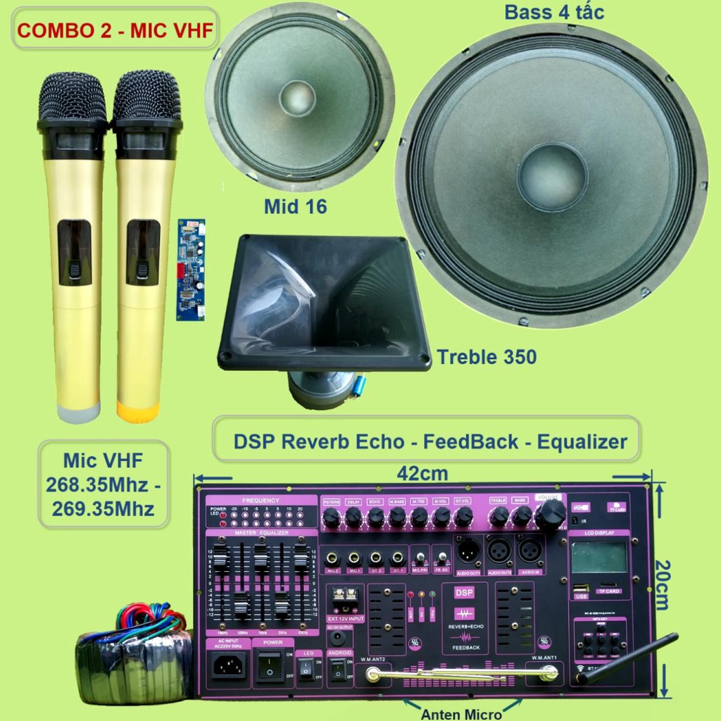 Mạch loa kéo 4 tấc đơn DSP Reverb Echo có chống hú - Equalizer 5 Band kèm loa và mic