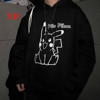 Áo khoác nỉ nam nữ mũ chùm có túi hoạ tiết pika pikachu ép nổi phản quang