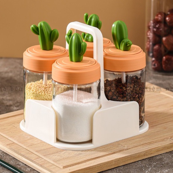 Hũ đựng gia vị thủy tinh xương rồng cao cấp,kèm khay để tiện lợi gọn gàng không gian bếp,kèm muỗng thìa đẹp